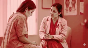 Donna vittima di violenza presa in cura da un medico donna che la aiuta nel suo dramma