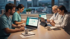 Professionisti sanitari in formazione davanti ad un pc e tablet