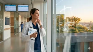 Sanitario che osserva l'orizzonte per bilanciare la sua vita professionale